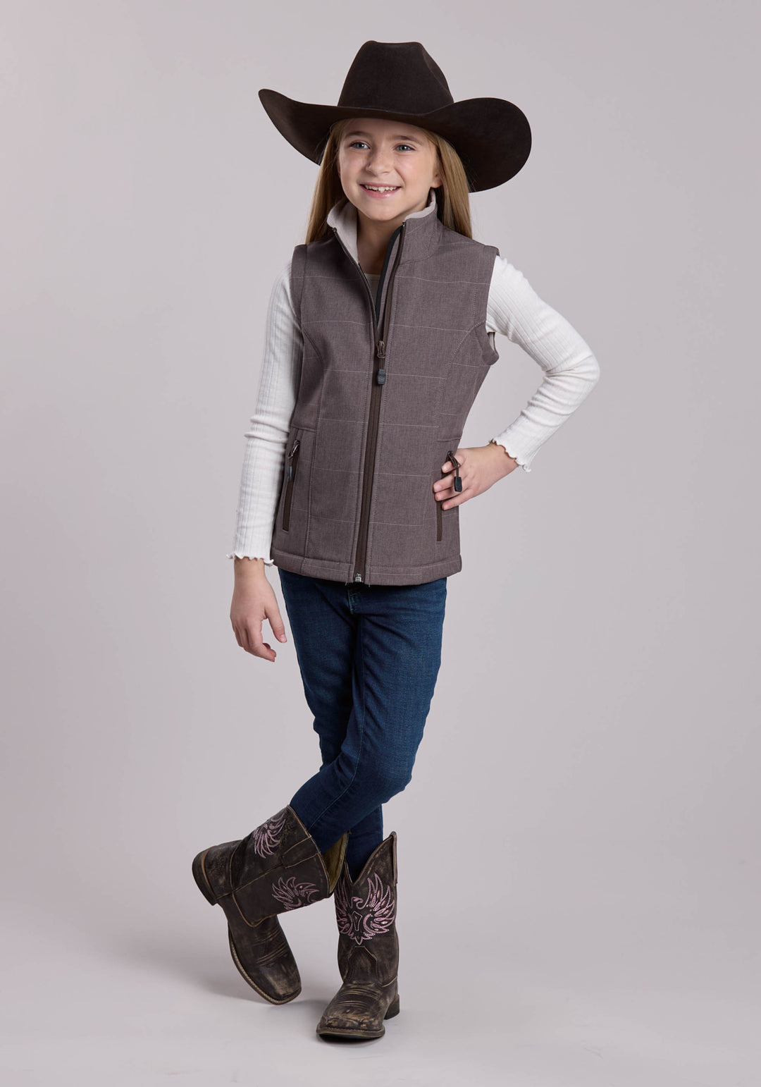GIRLS ROPER COFFEE STRIPE SOFTSHELL WESTERN VEST