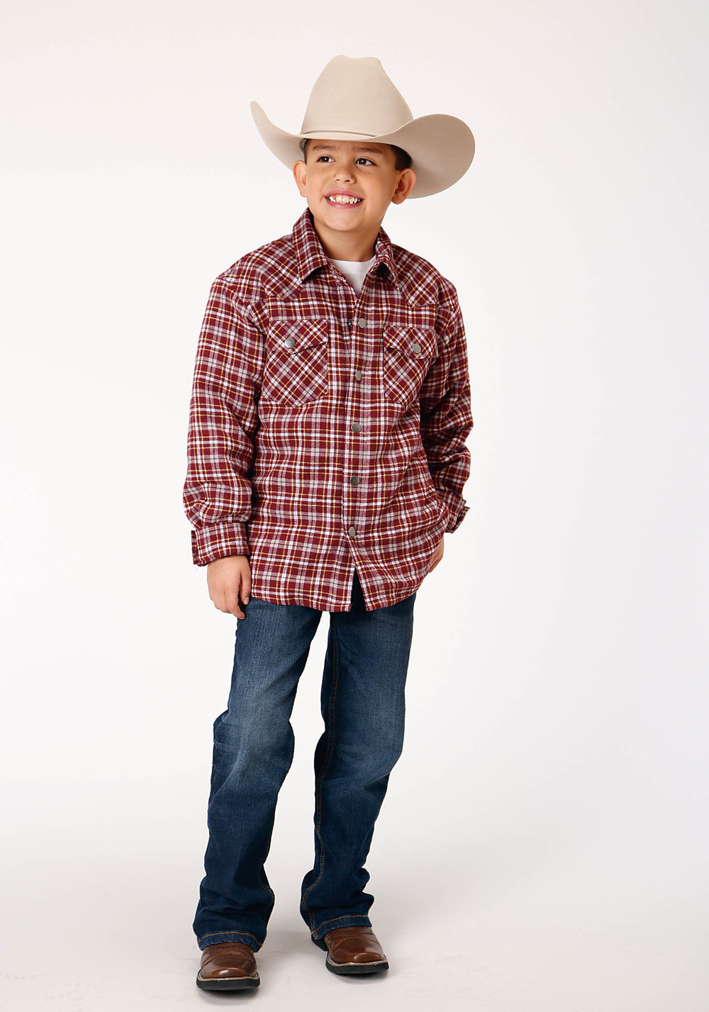 BOYS LONG SLEEVE SNAP CRANBERRY PLAID WESTERN SHIRT JACKET