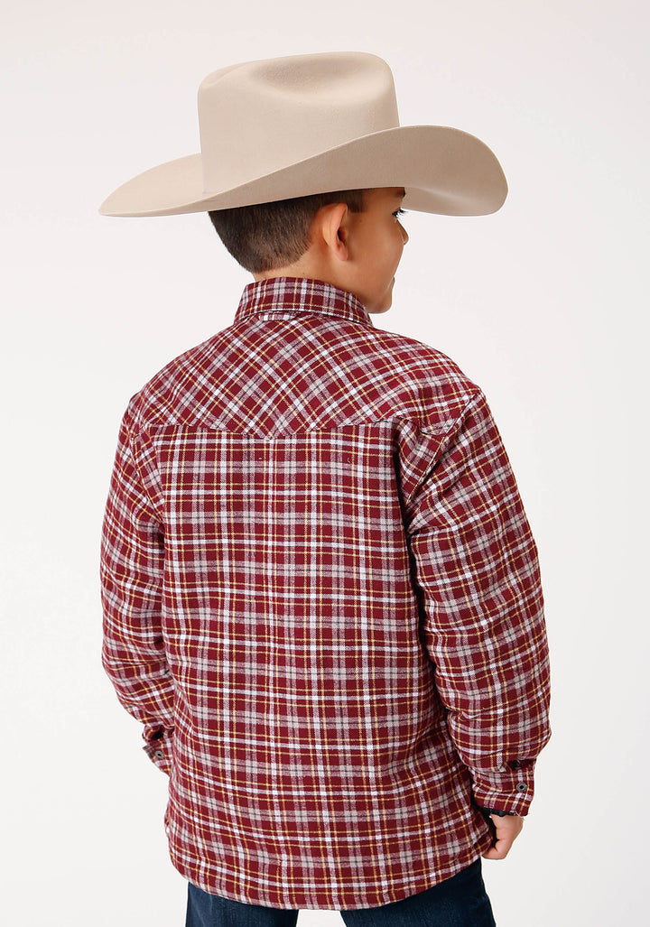 BOYS LONG SLEEVE SNAP CRANBERRY PLAID WESTERN SHIRT JACKET