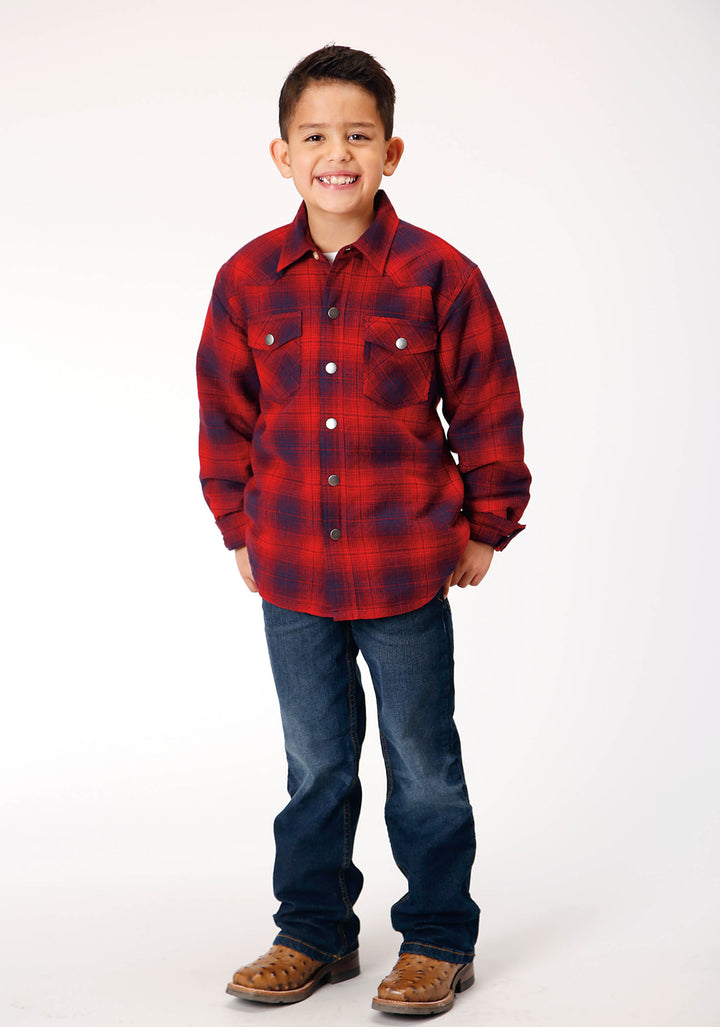 BOYS LONG SLEEVE SNAP CRANBERRY PLAID WESTERN SHIRT JACKET