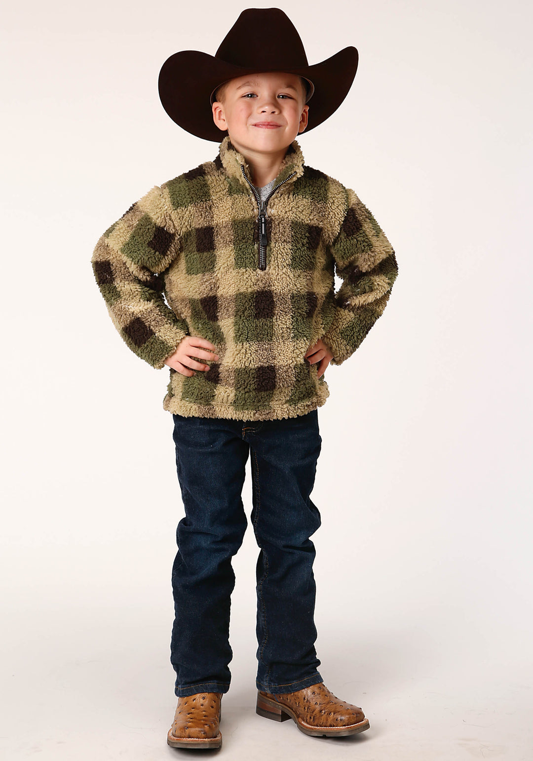 BOYS POLAR FLEECE  GREEN BROWN CHECK PRINT PULLOVER