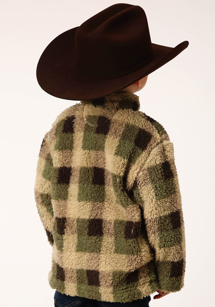 BOYS POLAR FLEECE  GREEN BROWN CHECK PRINT PULLOVER