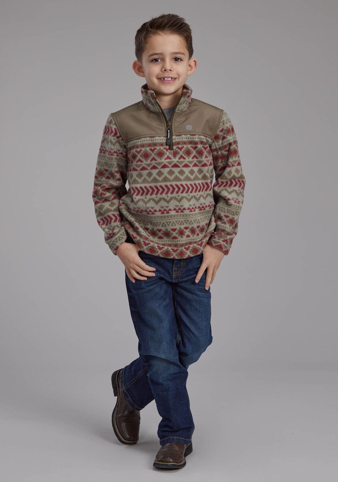 BOYS RED OLIVE AZTEC PRINT MICRO FLEECE ZIPPER JACKET