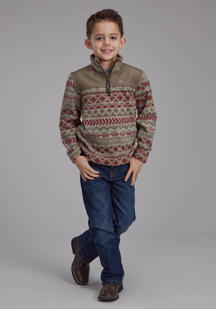 BOYS RED OLIVE AZTEC PRINT MICRO FLEECE ZIPPER JACKET