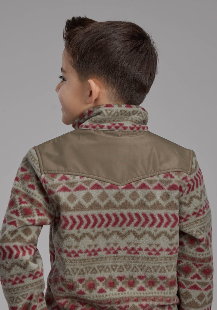 BOYS RED OLIVE AZTEC PRINT MICRO FLEECE ZIPPER JACKET