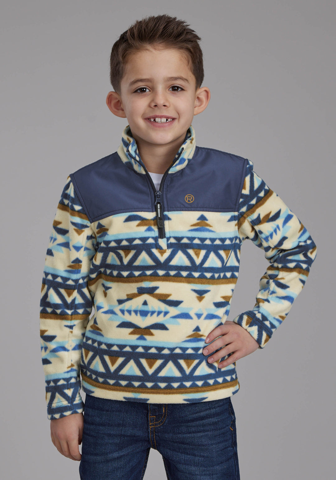 BOYS CREAM NAVY AZTEC PRINT MICRO FLEECE ZIPPER JACKET