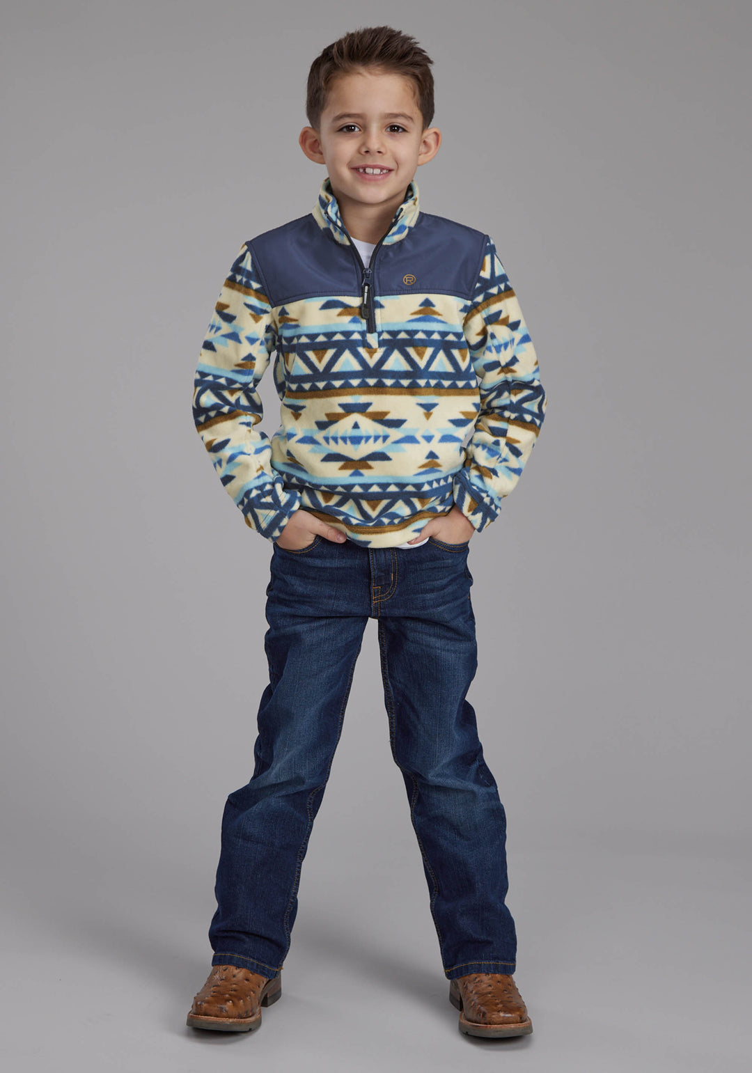 BOYS CREAM NAVY AZTEC PRINT MICRO FLEECE ZIPPER JACKET