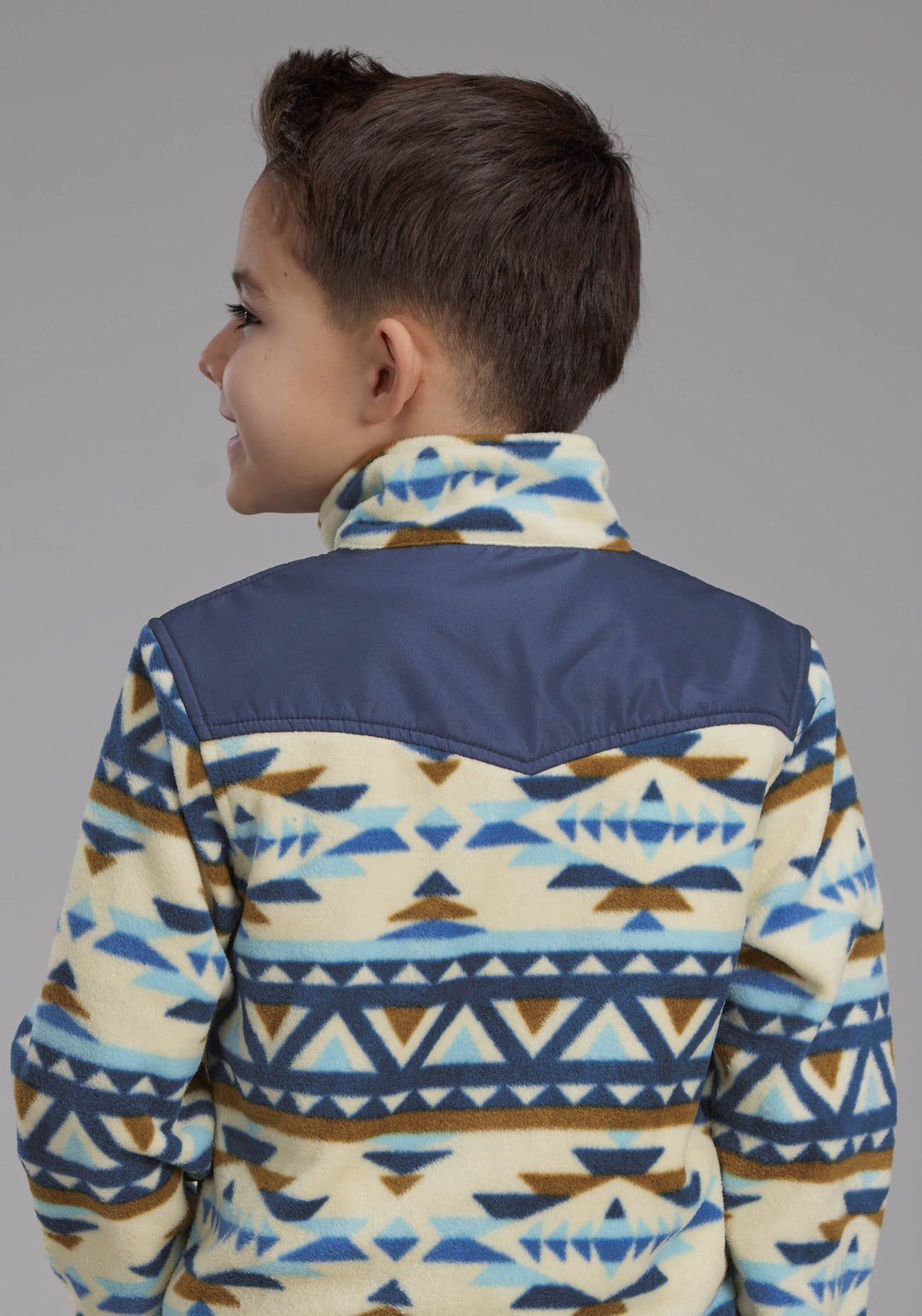 BOYS CREAM NAVY AZTEC PRINT MICRO FLEECE ZIPPER JACKET