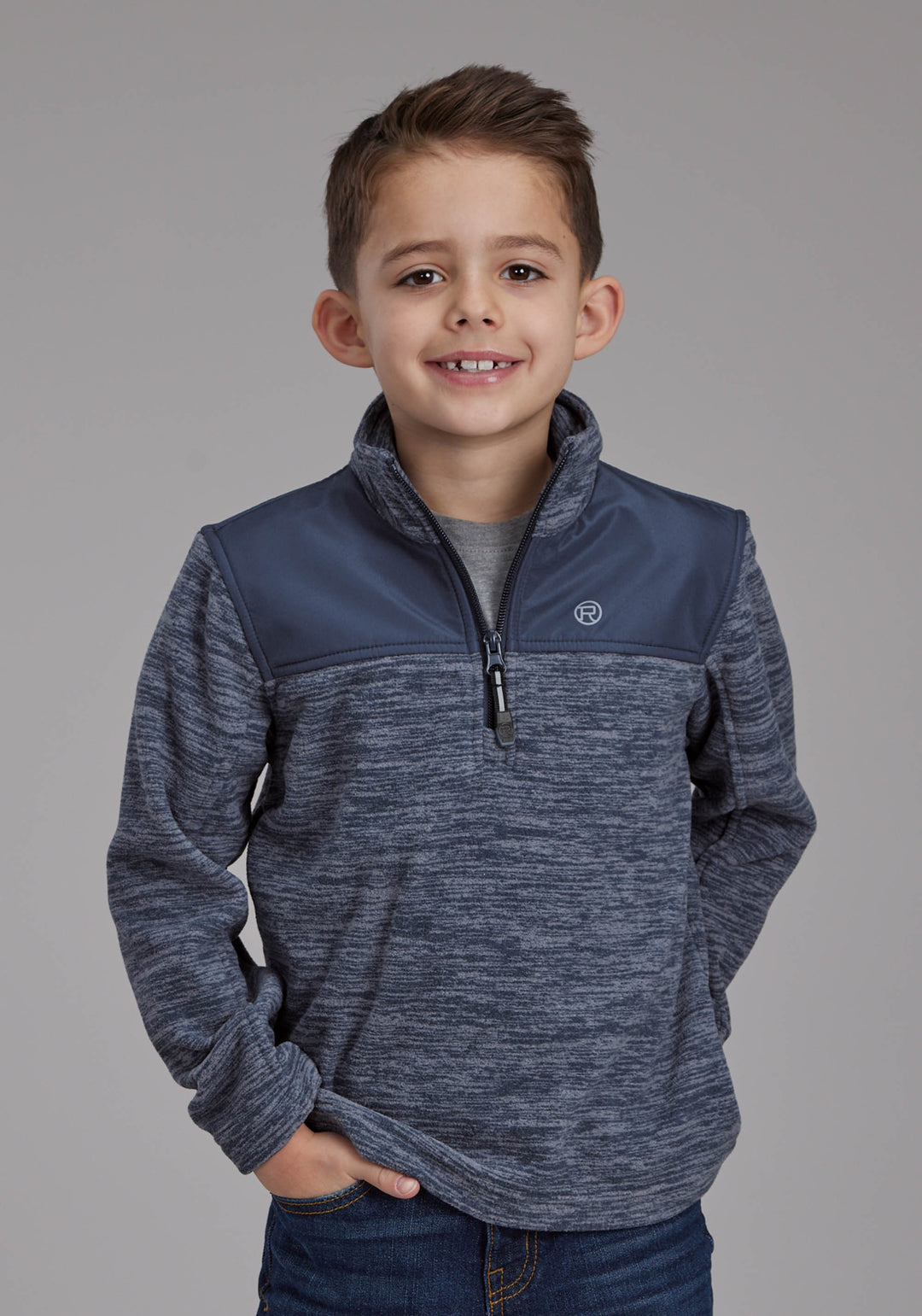 BOYS BLUE GRAY MICRO FLEECE 3/4 ZIP FT ZIPPER JACKET