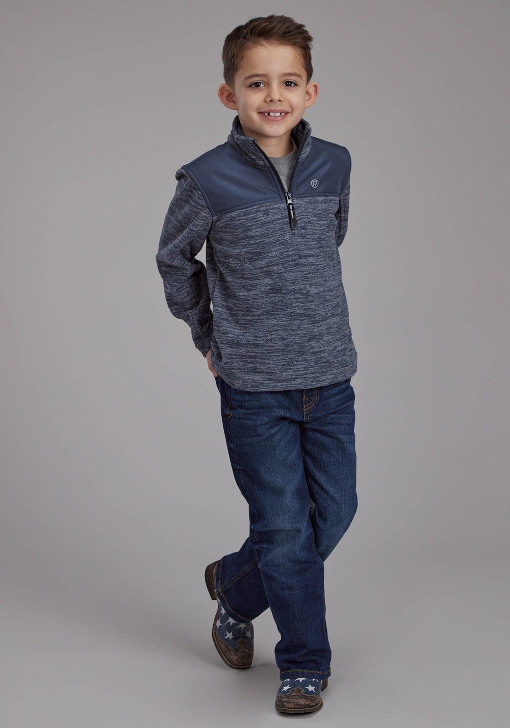 BOYS BLUE GRAY MICRO FLEECE 3/4 ZIP FT ZIPPER JACKET