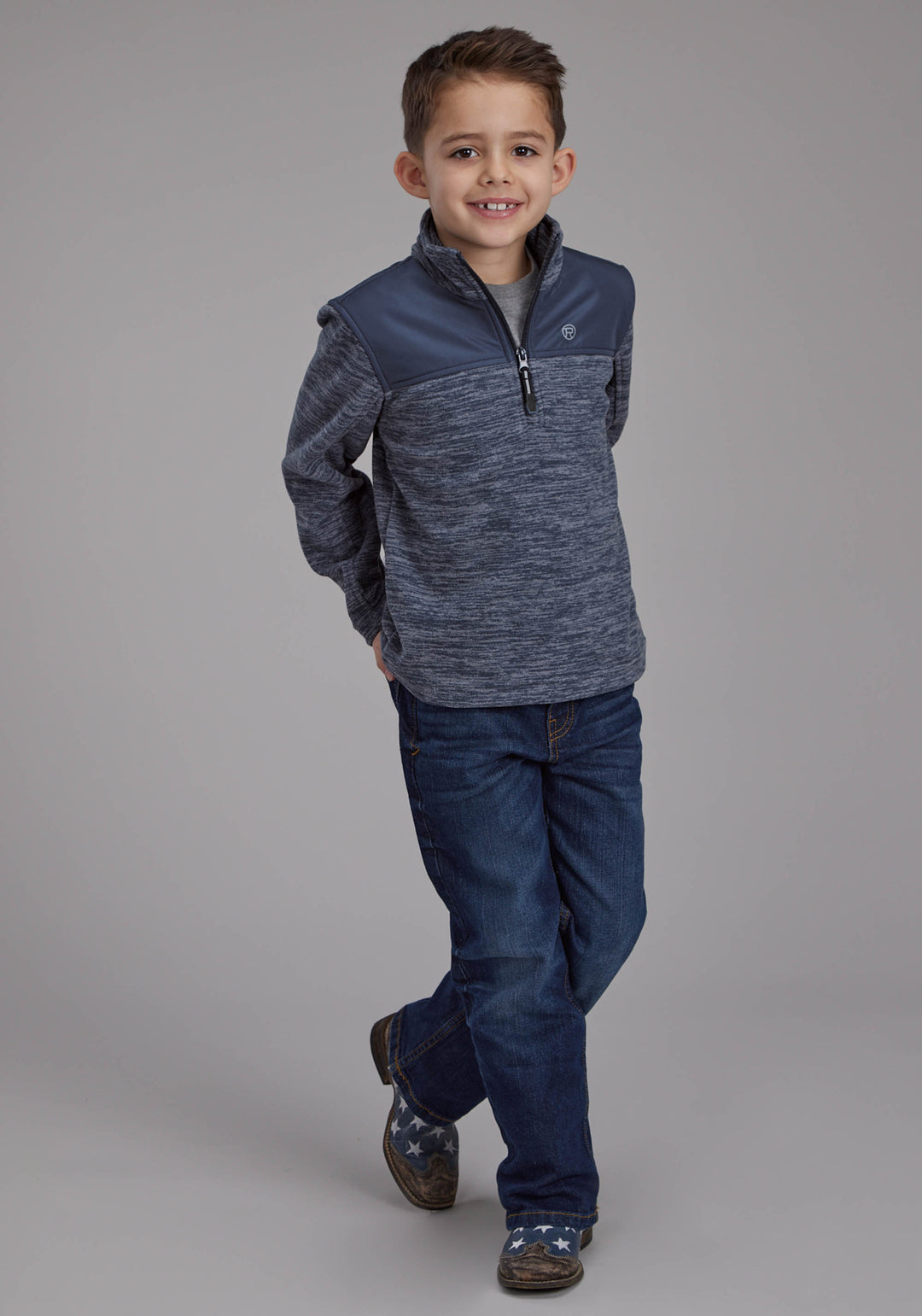BOYS BLUE GRAY MICRO FLEECE 3/4 ZIP FT ZIPPER JACKET