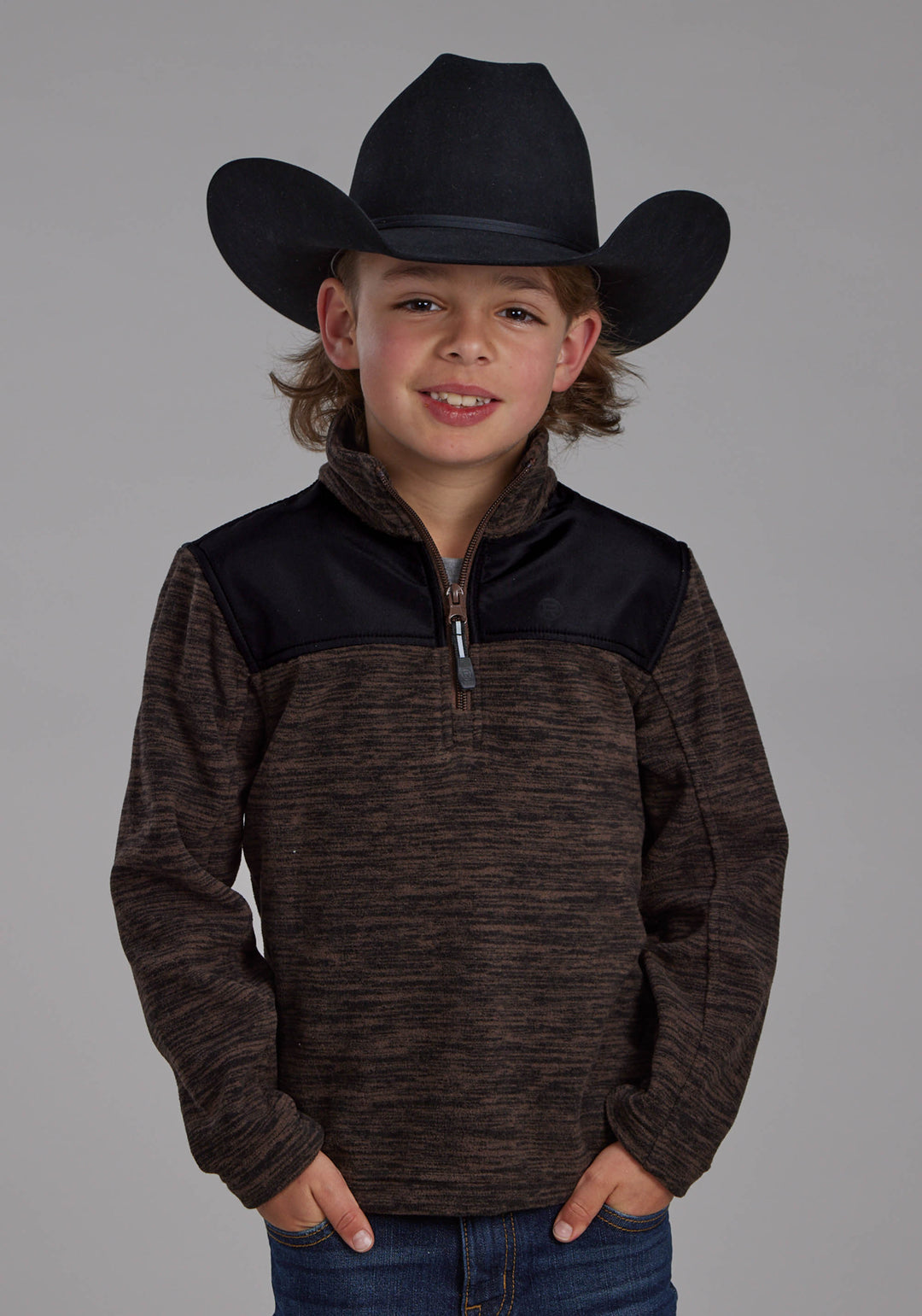 BOYS BROWN BLACK MICRO FLEECE 3/4 ZIP FT ZIPPER JACKET