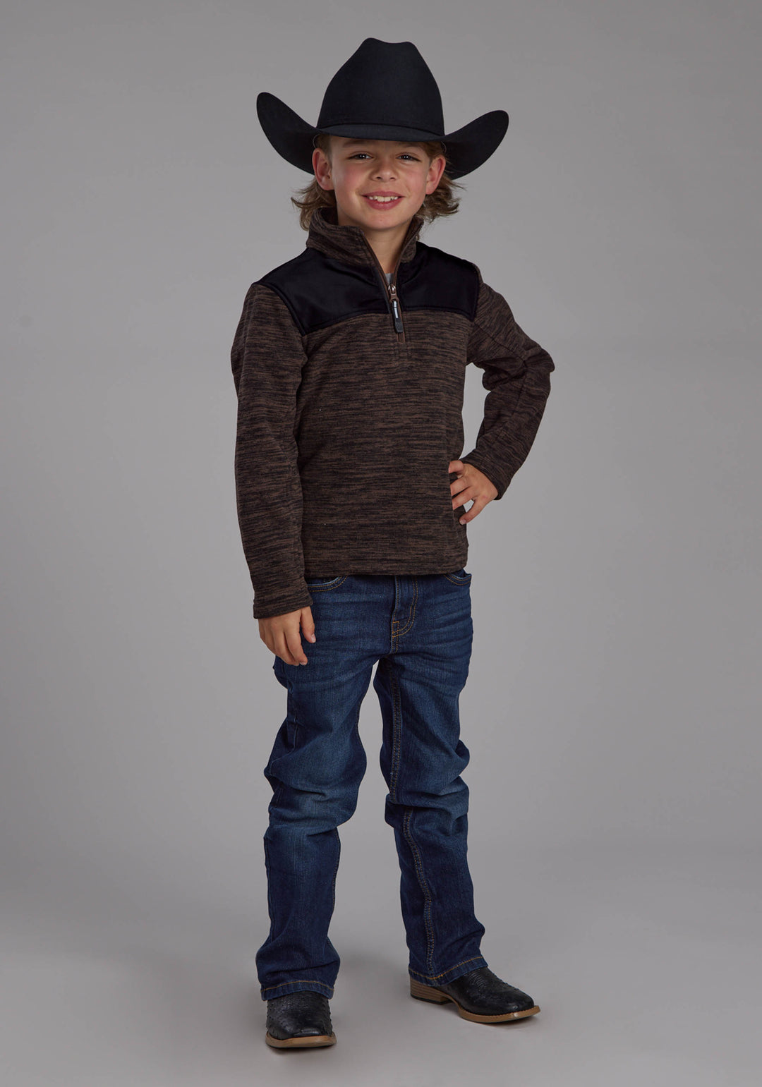 BOYS BROWN BLACK MICRO FLEECE 3/4 ZIP FT ZIPPER JACKET