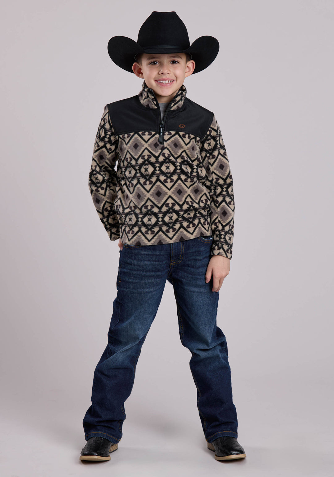 BOYS JACKET ZIPPER BR BLACK AZTEC PRINT MICRO FLEECE WESTERN JACKET