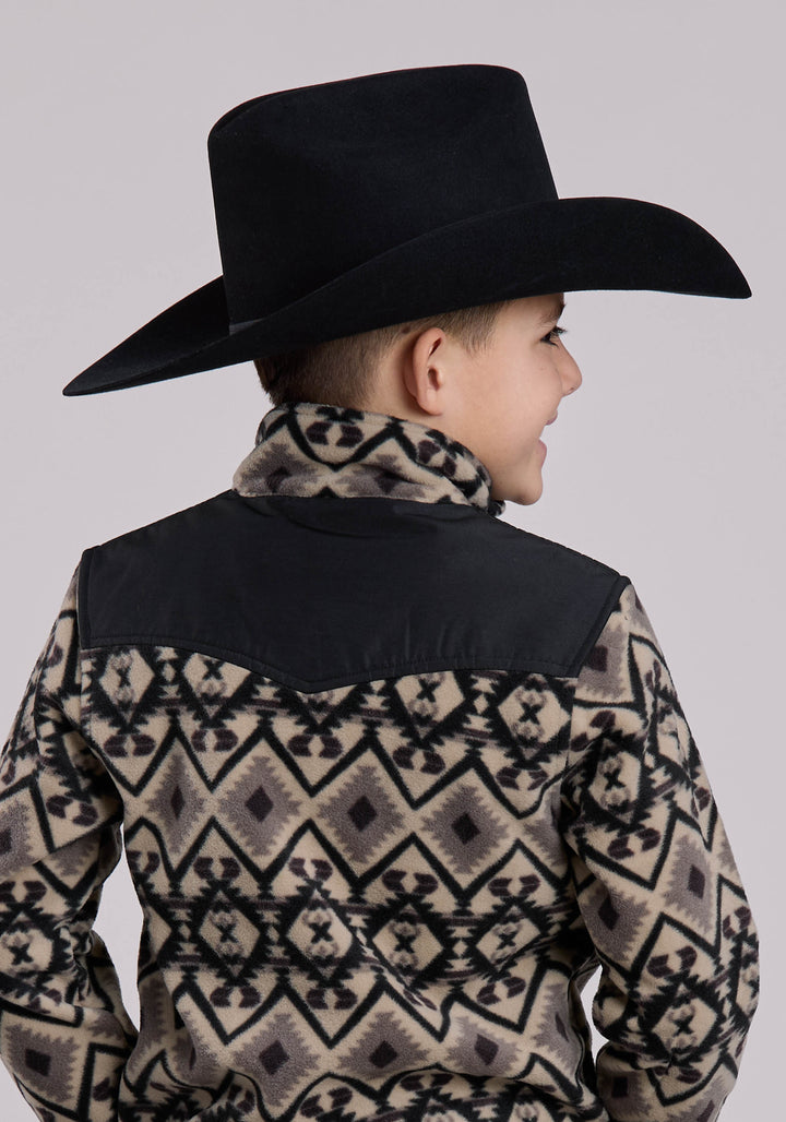 BOYS JACKET ZIPPER BR BLACK AZTEC PRINT MICRO FLEECE WESTERN JACKET