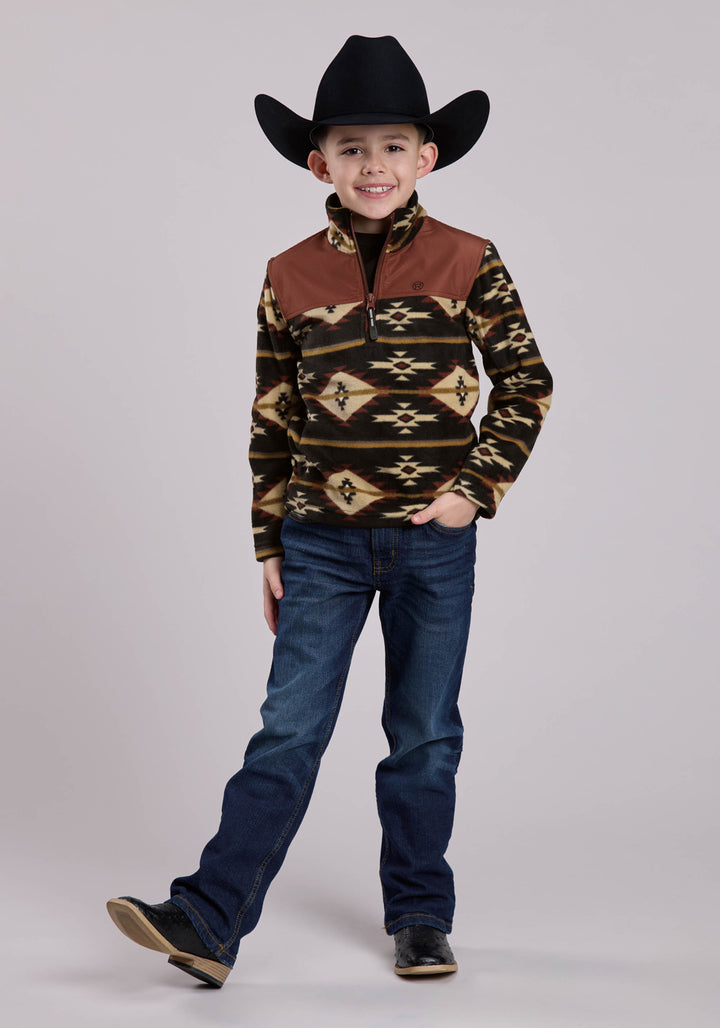 BOYS JACKET ZIPPER BLACK GO RT AZTEC PRINT MICRO FLEECE WESTERN JACKET