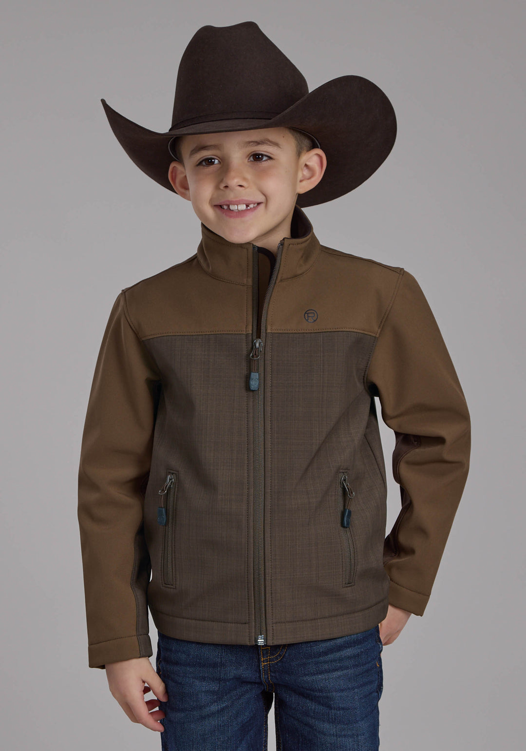 BOYS BROWN CHOCOLATE PIECED SOFTSHELL ZIPPER JACKET