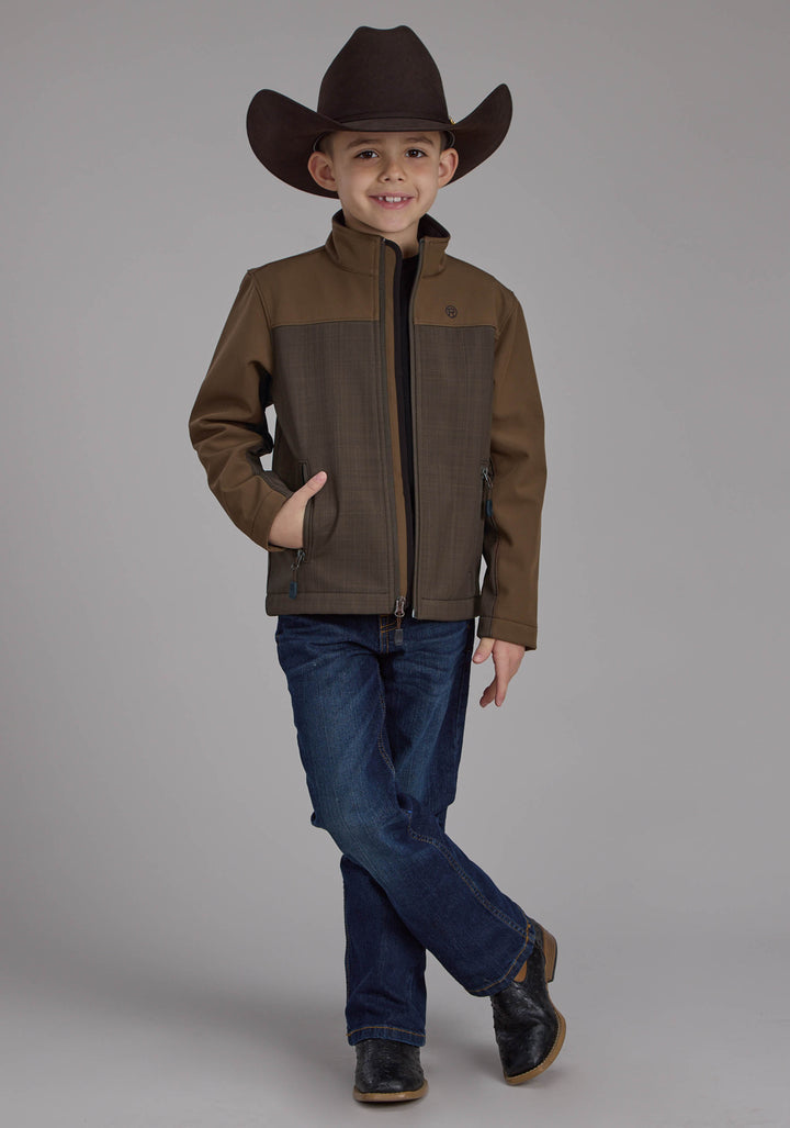 BOYS BROWN CHOCOLATE PIECED SOFTSHELL ZIPPER JACKET