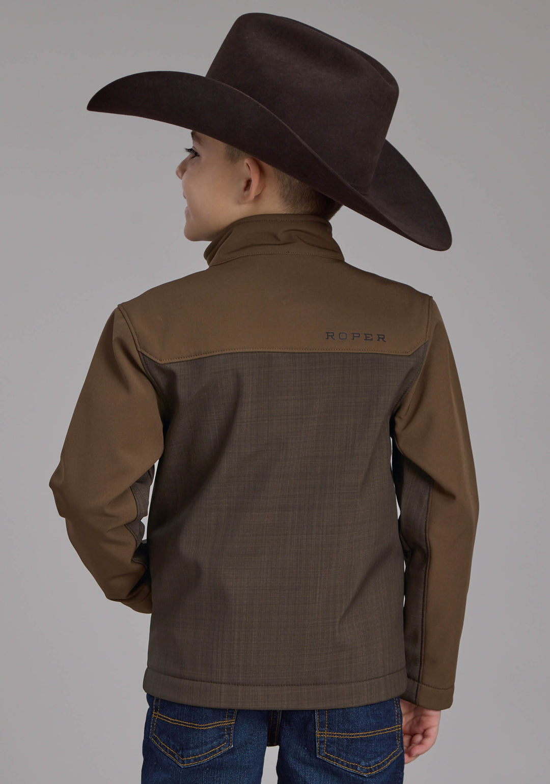 BOYS BROWN CHOCOLATE PIECED SOFTSHELL ZIPPER JACKET