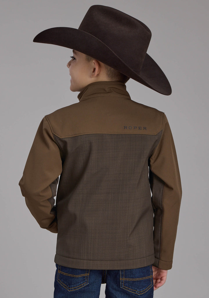 BOYS BROWN CHOCOLATE PIECED SOFTSHELL ZIPPER JACKET