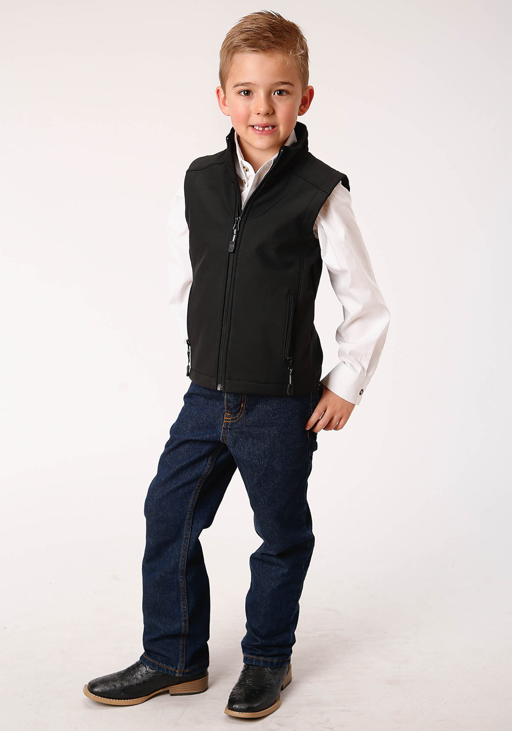 BOYS BLACK SOFTSHELL WITH BLACK FLEECE LINING ZIP FRONT VEST