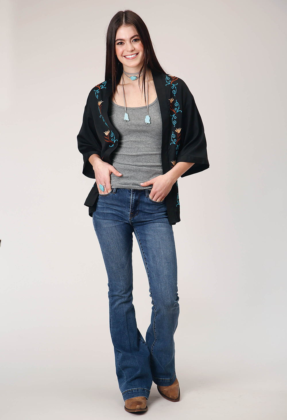 WOMENS LONG SLEEVE PULLOVER BLACK POLY AMERICAN CREPE CARDIGAN WITH WAIST LENGTH EMBROIDERY