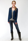 WOMENS BLUE SOLID WITH EMBROIDERY CARDIGAN