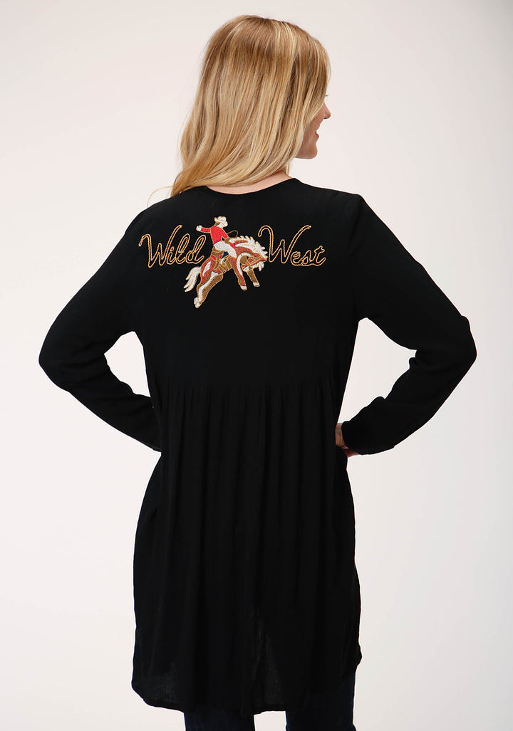 WOMENS BLACK WITH WILD WEST EMBROIDERY LONG SLEEVE CARDIGAN