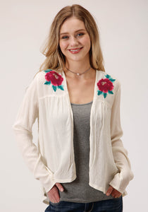 WOMENS WHITE WITH FLORAL EMBROIDERY LONG SLEEVE CARDIGAN