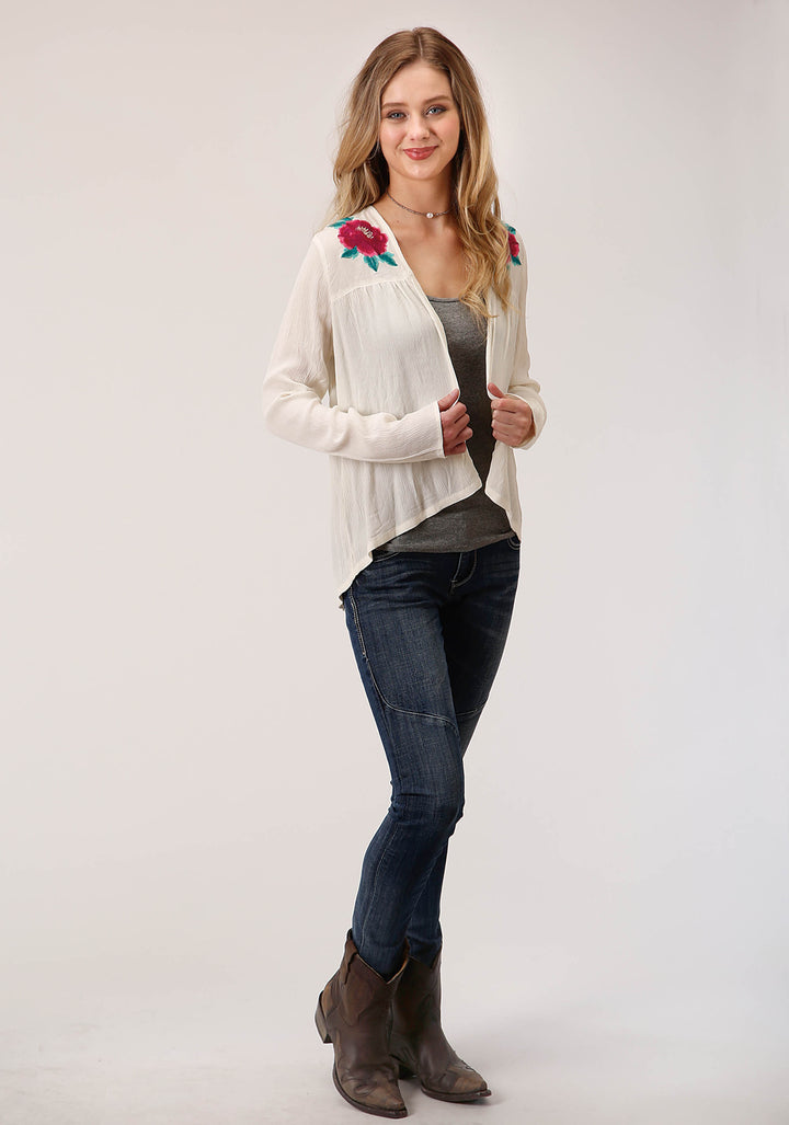 WOMENS WHITE WITH FLORAL EMBROIDERY LONG SLEEVE CARDIGAN