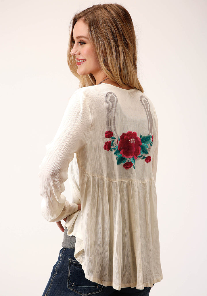 WOMENS WHITE WITH FLORAL EMBROIDERY LONG SLEEVE CARDIGAN