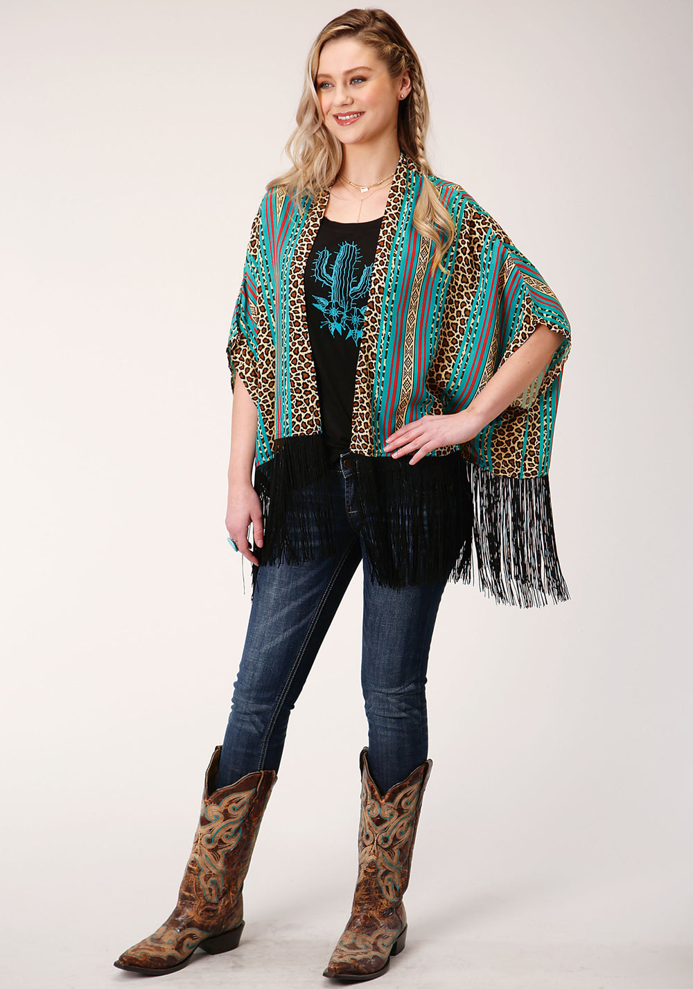 WOMENS  LEOPARD STRIPE PRINT RAYON PONCHO CARDIGAN