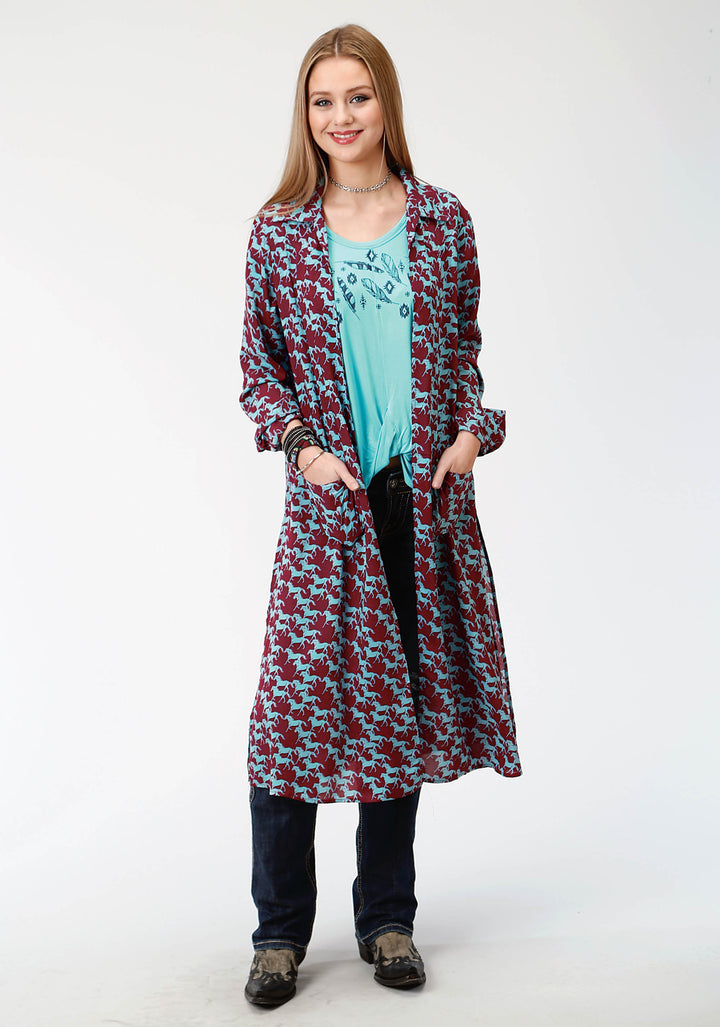 WOMENS RED AND BLUE  PRINT WESTERN CARDIGAN