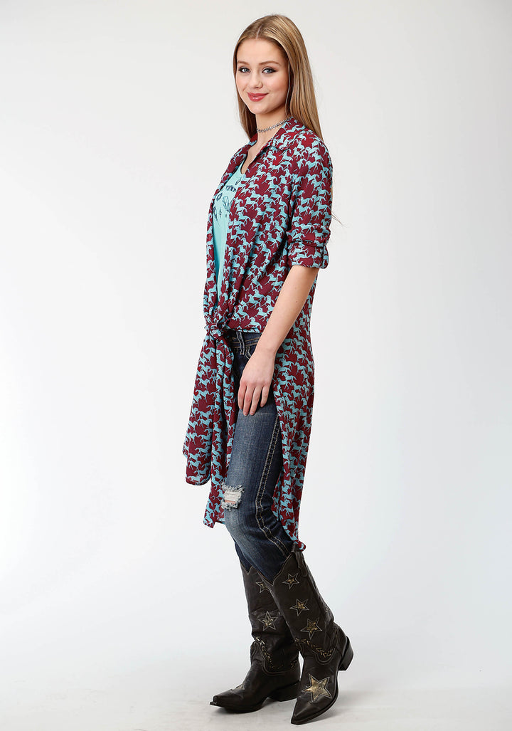 WOMENS RED AND BLUE  PRINT WESTERN CARDIGAN