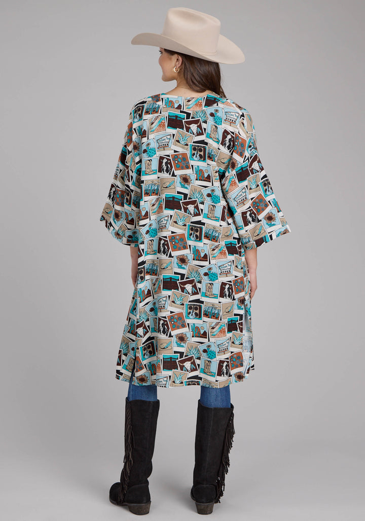 WOMENS PHOTO COLLAGE PRINTED RAYON SHORT SLEEVE PULLOVER WESTERN SHIRT