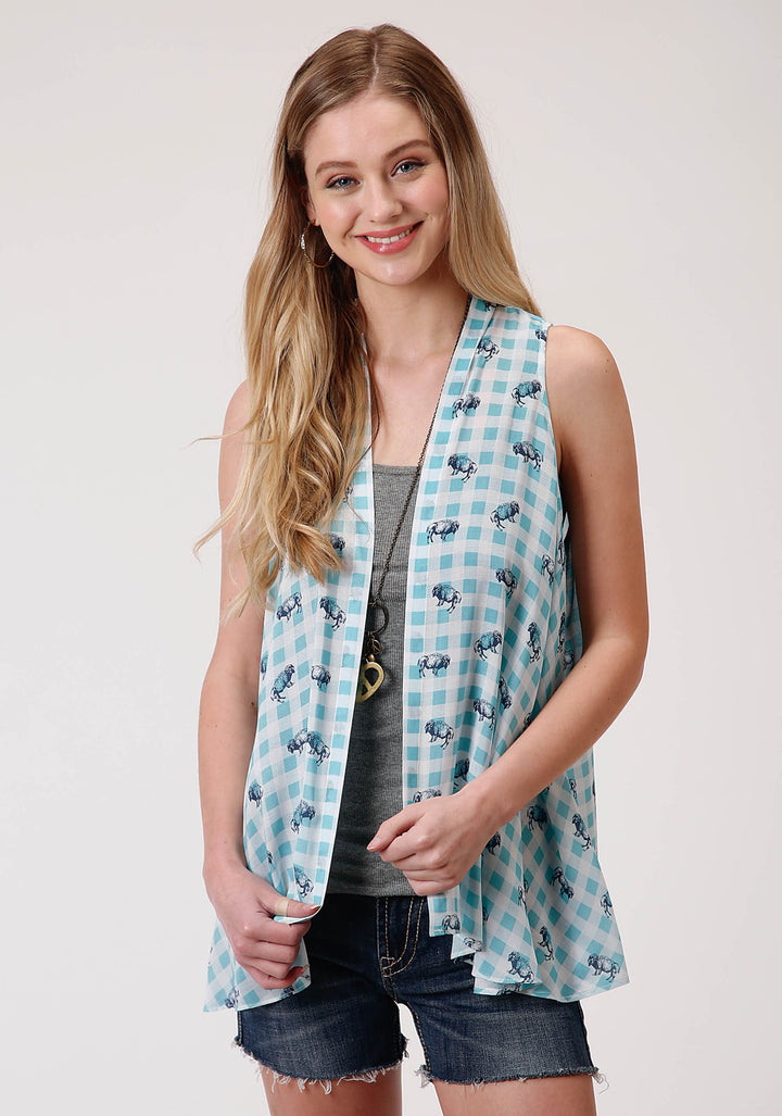 WOMENS BUFFALO CHECK PRINTED RAYON CARDIGAN