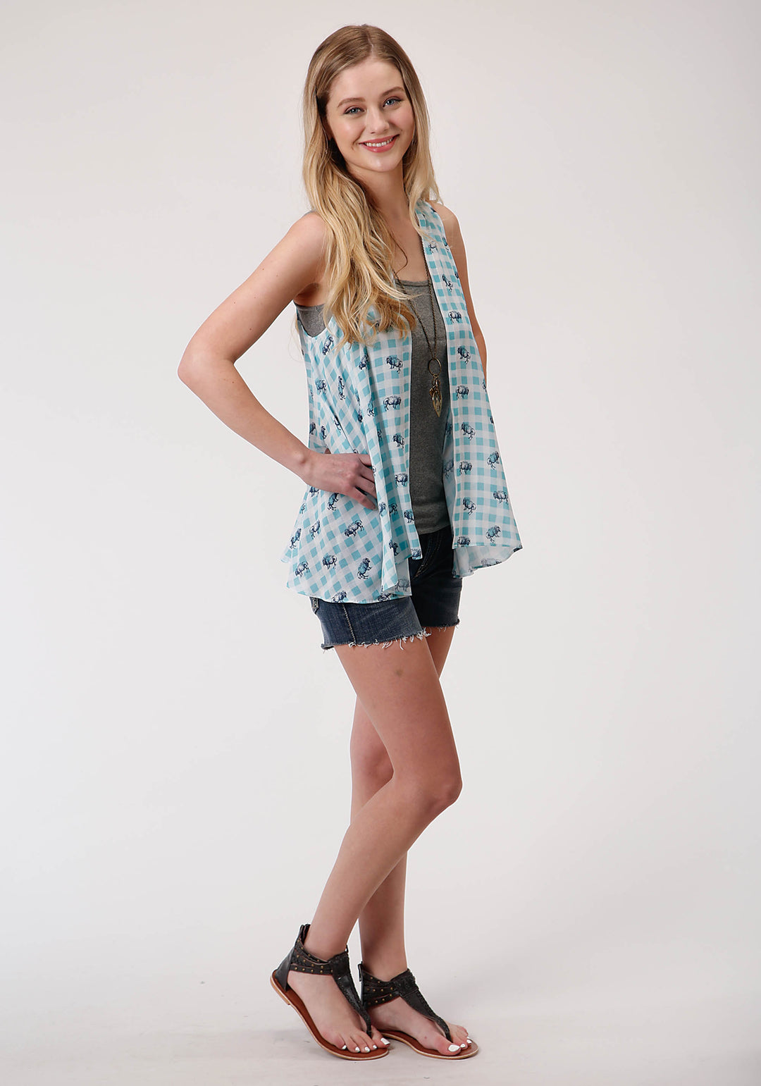 WOMENS BUFFALO CHECK PRINTED RAYON CARDIGAN
