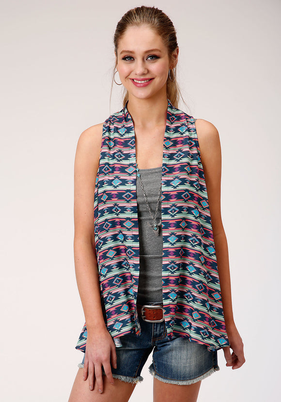 WOMENS NAVY BLUE RED AND TURQUOISE AZTEC PRINT SLEEVELESS CARDIGAN