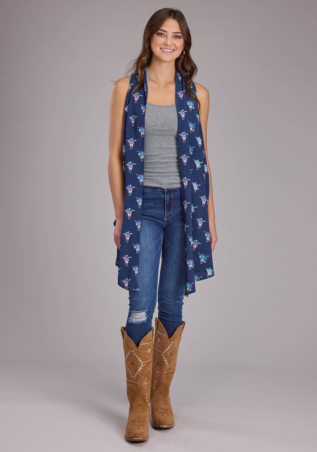 WOMENS NAVY SKULLS SLEEVELESS CARDIGAN SLEEVELESS PULLOVER WESTERN SHIRT