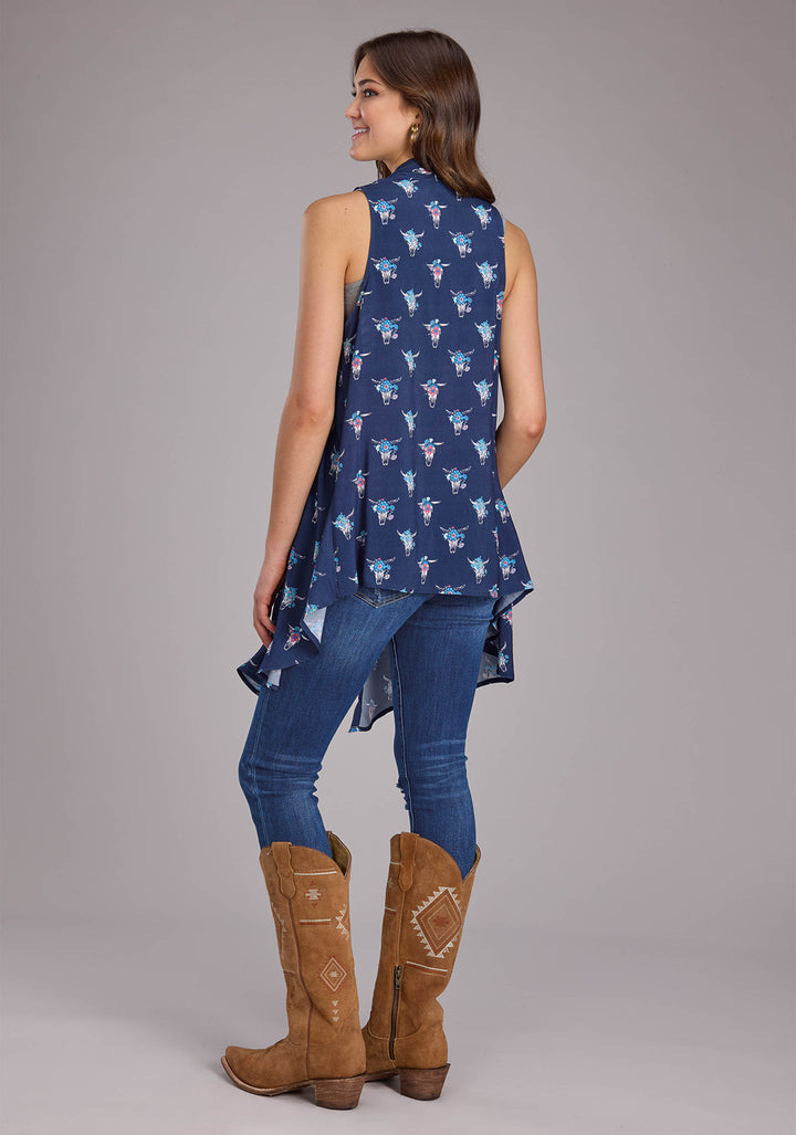 WOMENS NAVY SKULLS SLEEVELESS CARDIGAN SLEEVELESS PULLOVER WESTERN SHIRT