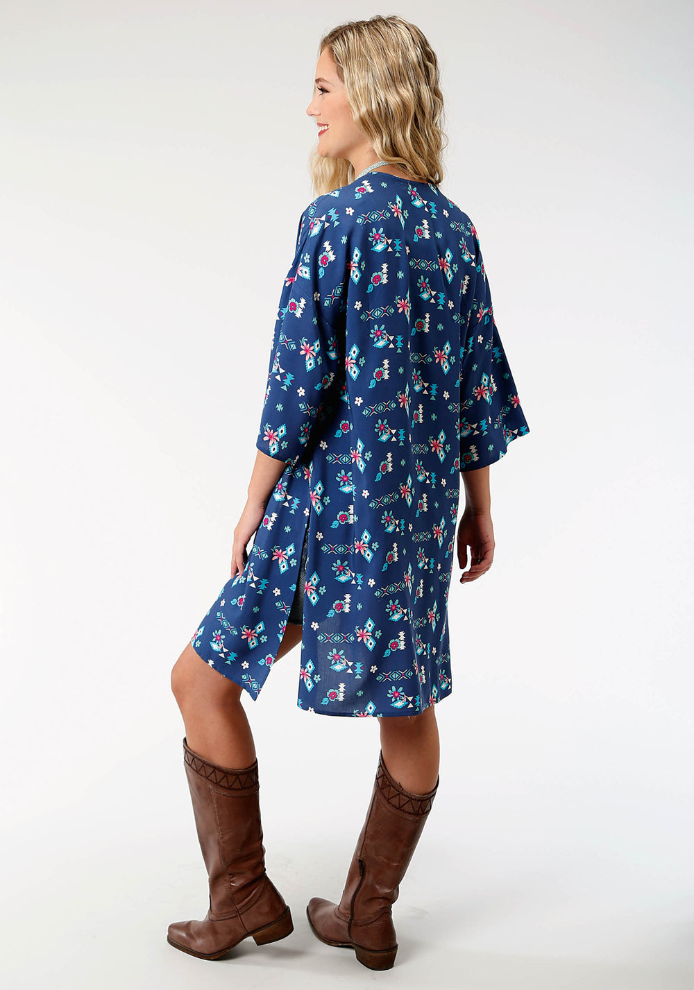 WOMENS BLUE AZTEC PRINT LONG SLEEVE CARDIGAN