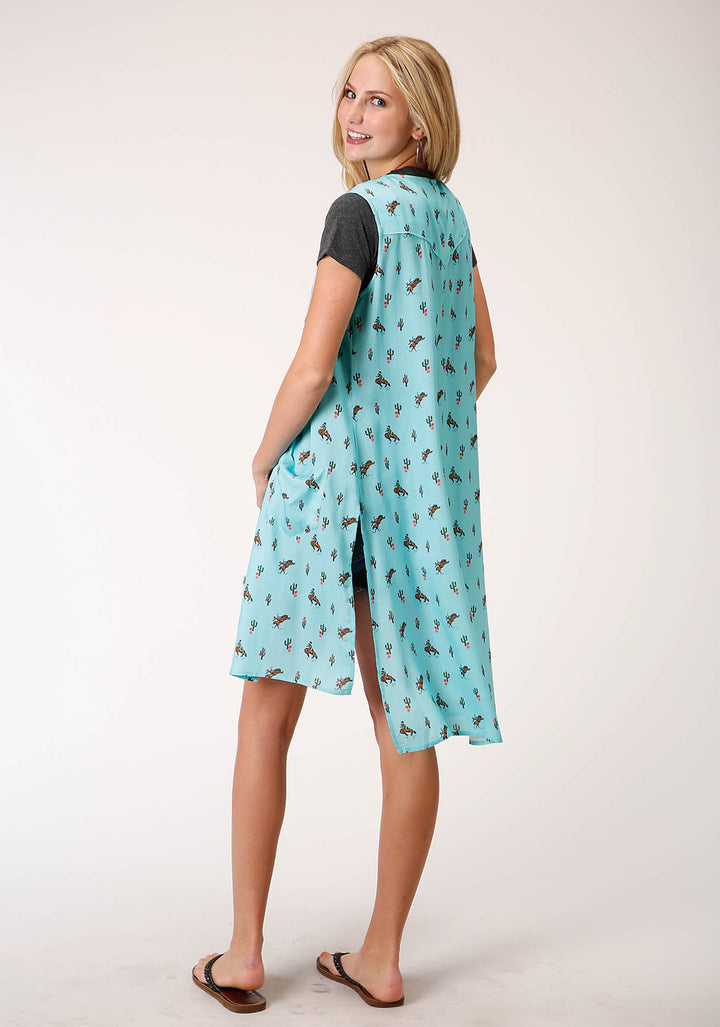 WOMENS RAYON COWBOY CACTUS PRINT CARDIGAN