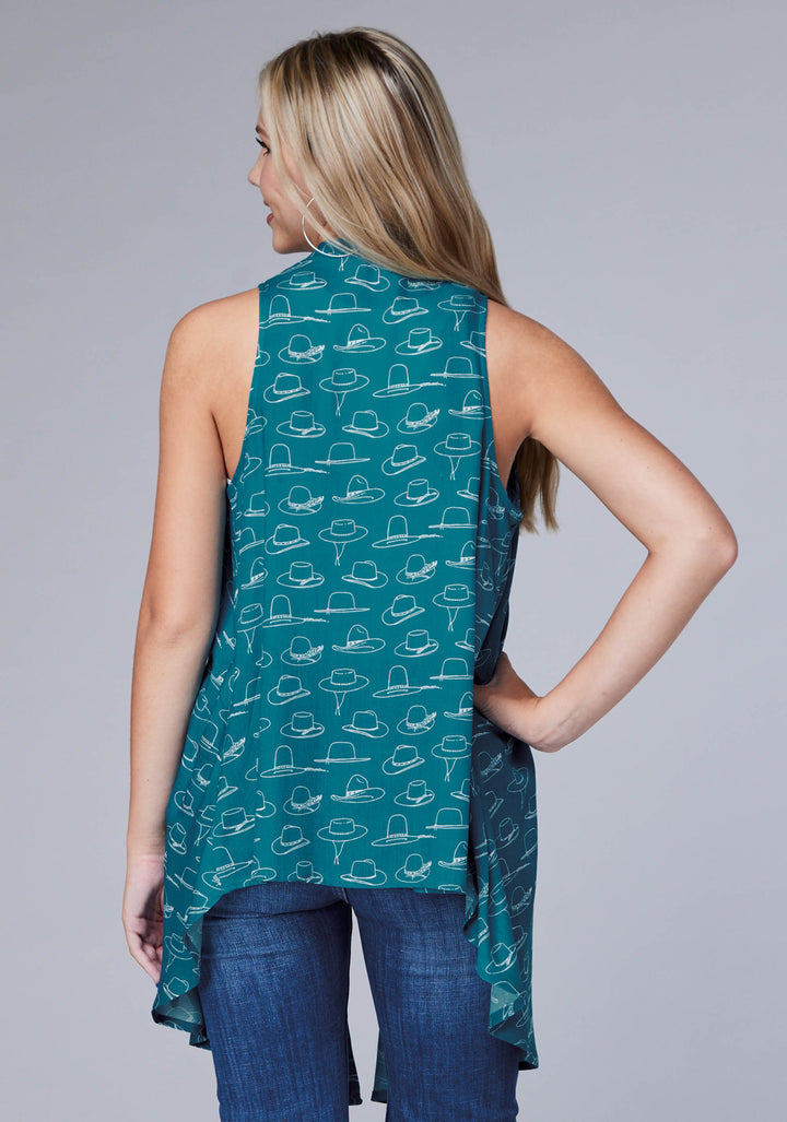 WOMENS MANY HATS PRINTED RAYON SLEEVELESS PULLOVER WESTERN SHIRT