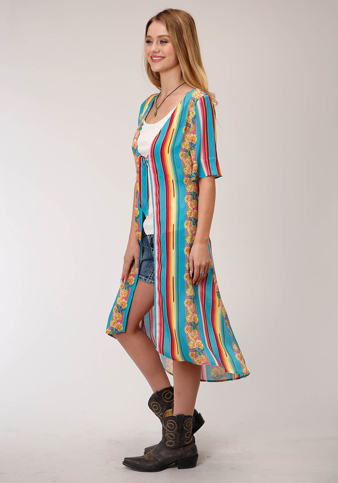 WOMENS BLUE YELLOW AND RED SERAPE PRINT SHORT SLEEVE CARDIGAN