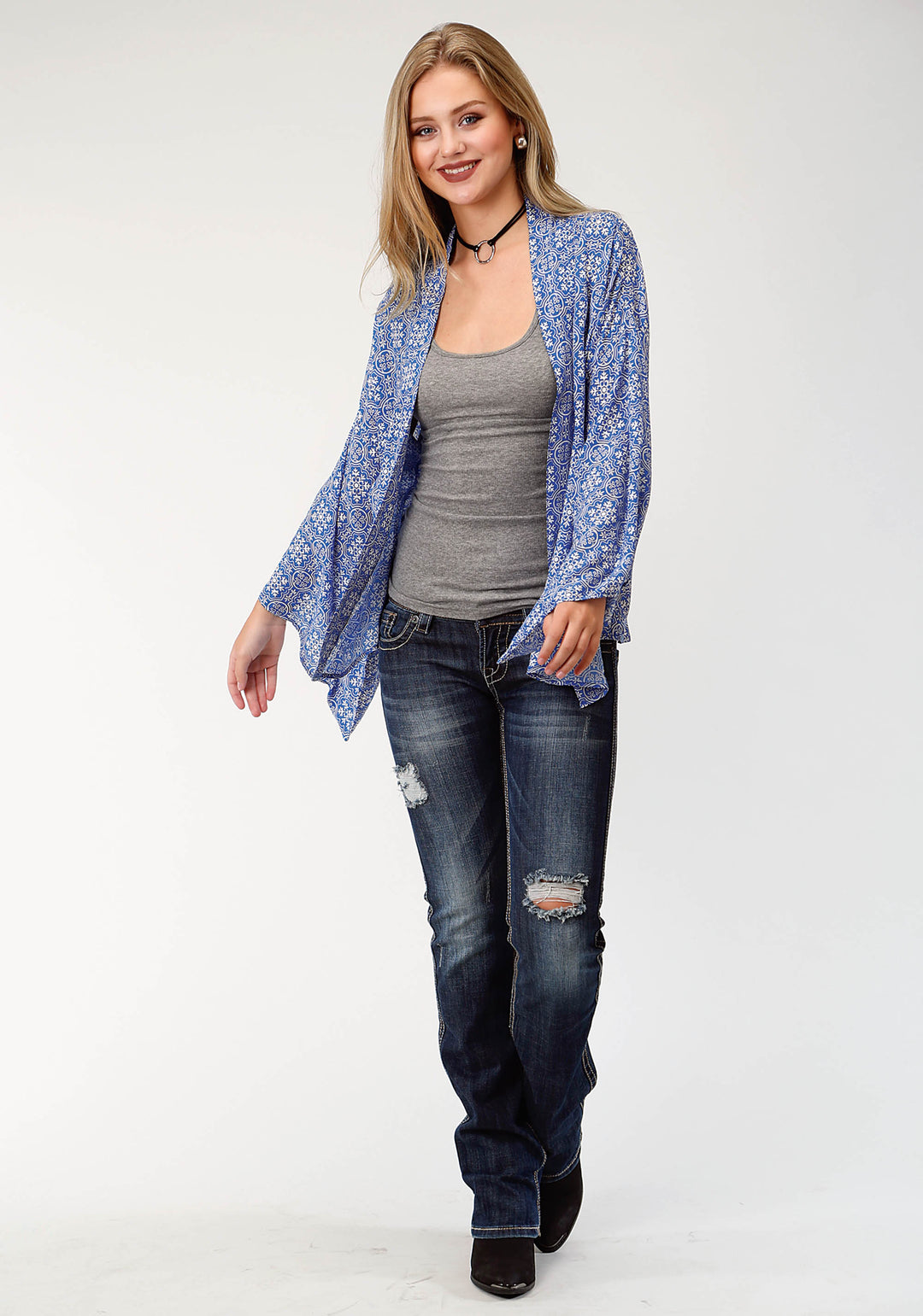 WOMENS BLUE HANDKERCHIEF PRINTED LONG SLEEVE CARDIGAN