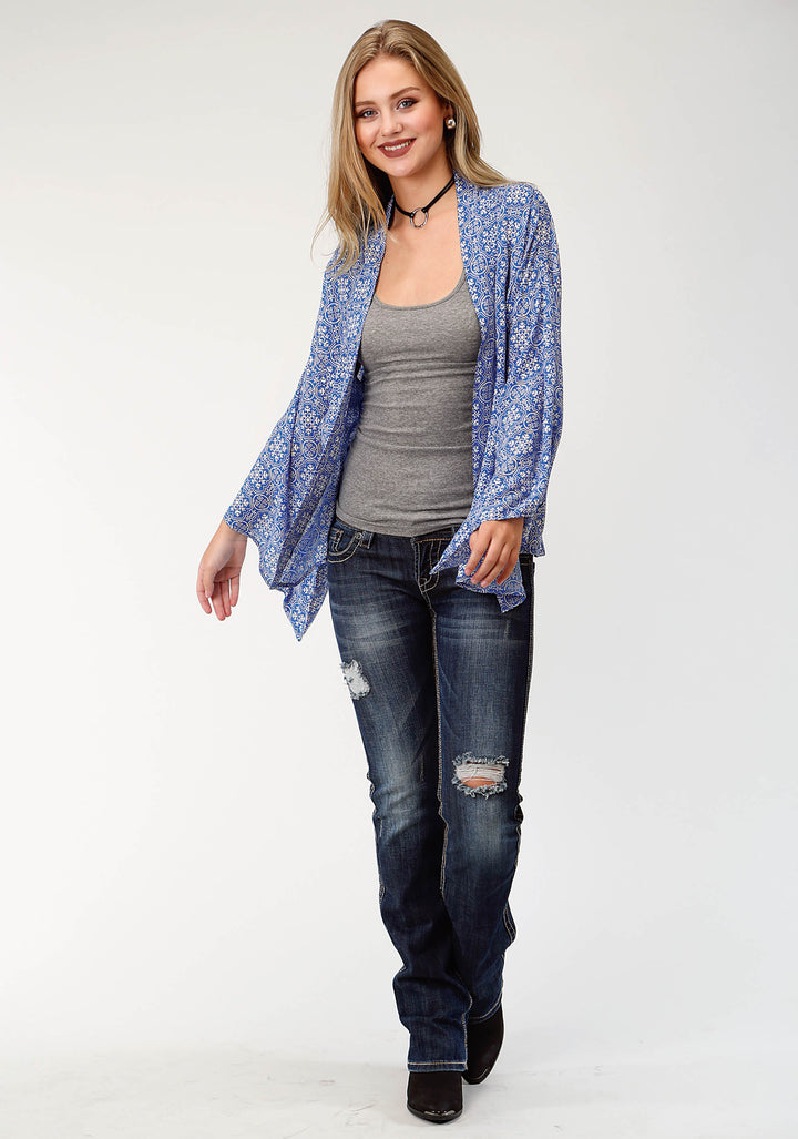 WOMENS BLUE HANDKERCHIEF PRINTED LONG SLEEVE CARDIGAN
