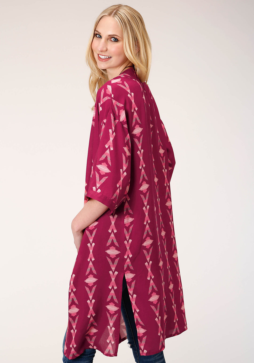 WOMENS  WINE AZTEC PRINT SHORT SLEEVE  CARDIGAN