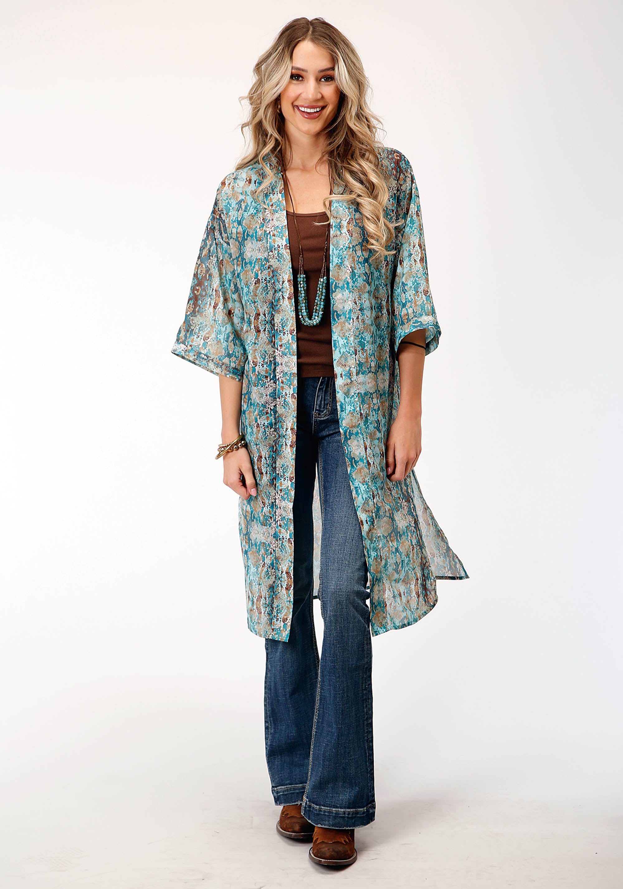 Womens Poly Teal Snake Print Kimono Cardigan – Roper Apparel