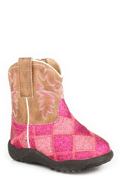 INFANTS GIRLS PINK AND FUSCHIA PATCHWORK GLITTER VAMP