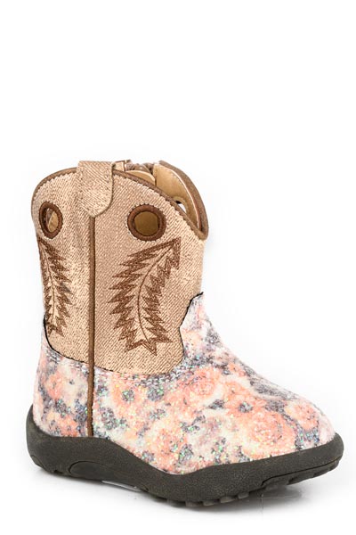 INFANTS GIRLS BROWN FLORAL GLITTER VAMP